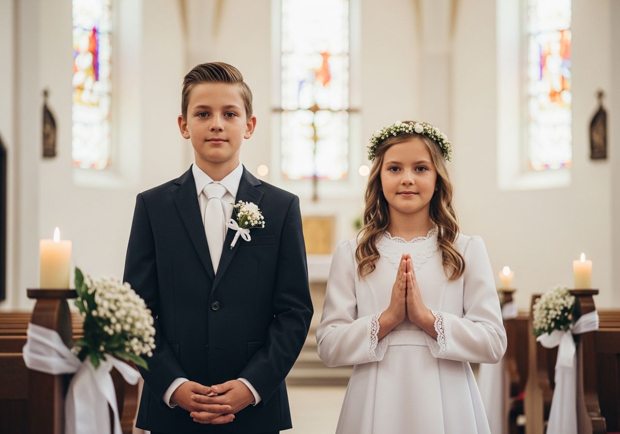 Děti v kostele připravené na první svaté přijímání, chlapec v obleku, dívka v bílé šatech.