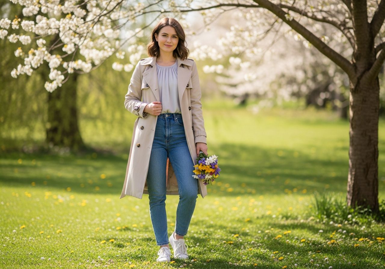 Mladá žena venku na jaře drží kytici, okolo kvetou třešňové stromy a zelená tráva.