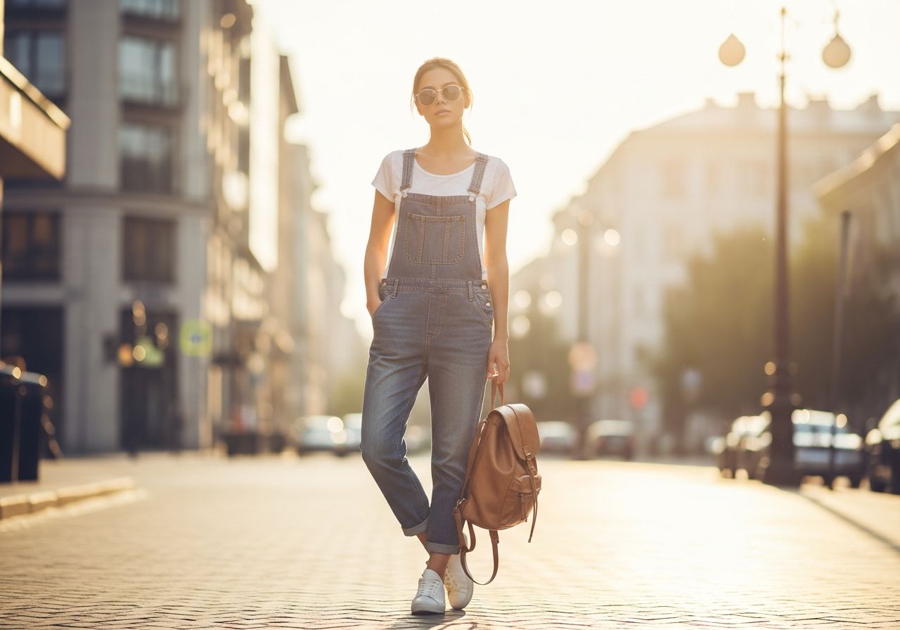 Mladá žena v džínových laclích a bílém tričku na městské ulici při zlaté hodině.