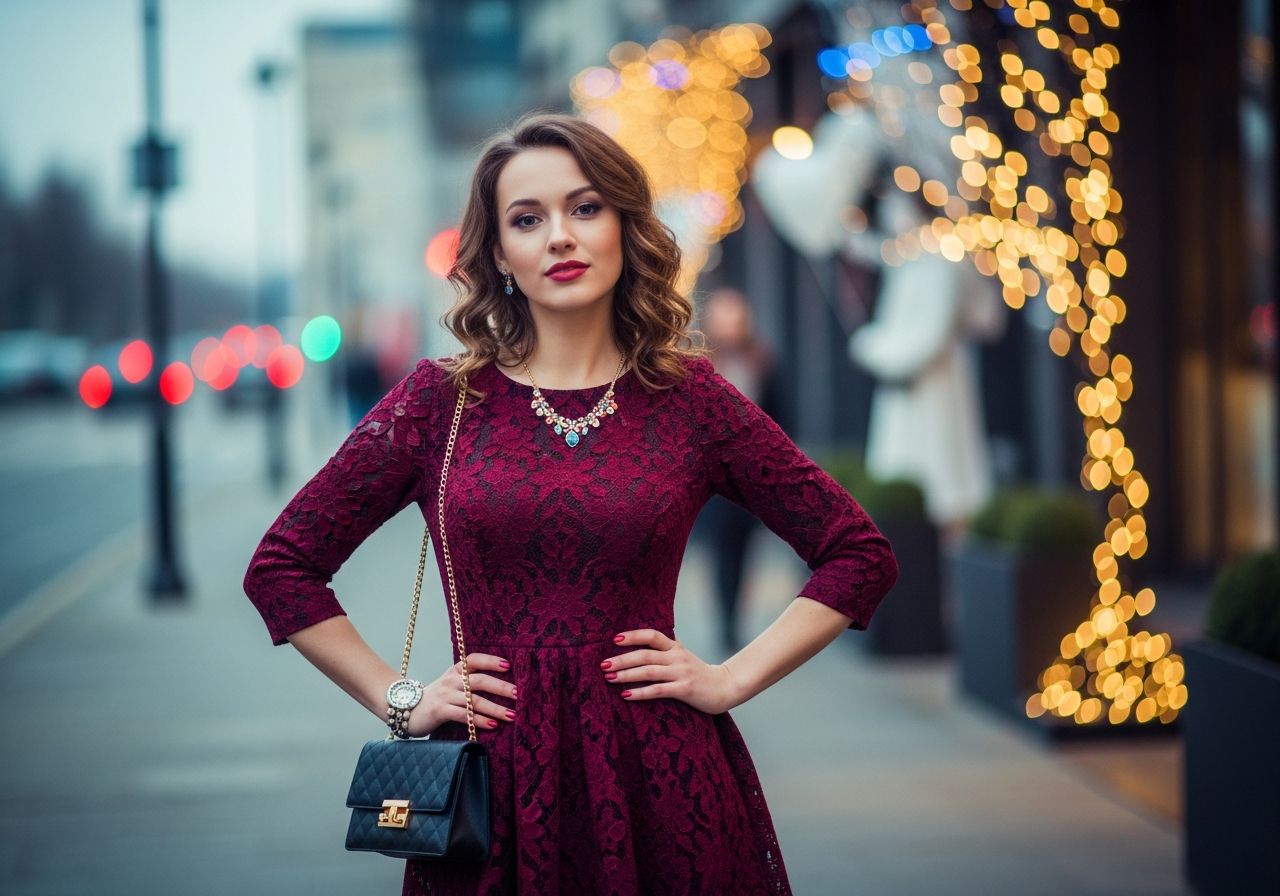 Mladá žena na rozlučce se svobodou ve městě večer v koktejlových šatech s rozostřenými světly.