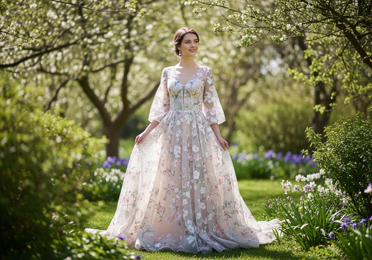 Mladá žena v zahradě v svatebních šatech s květinovým vzorem za denního světla