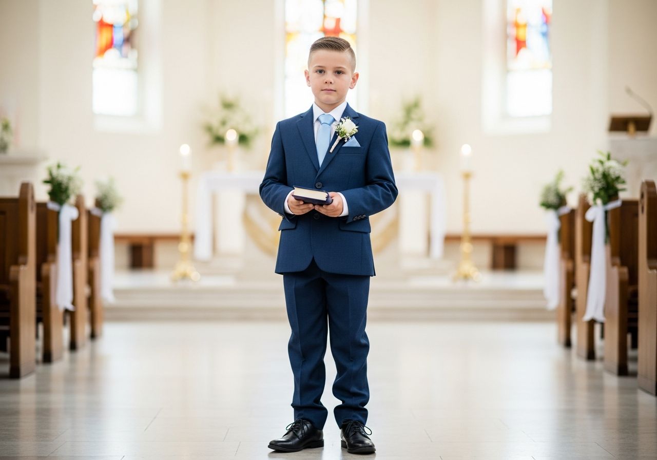 Chlapec ve modrém obleku drží modlitební knížku v jasně osvětleném kostele během první svaté přijímání