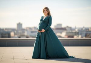 Těhotná žena v elegantních těhotenských šatech stojí venku s rozmazaným městským pozadím.