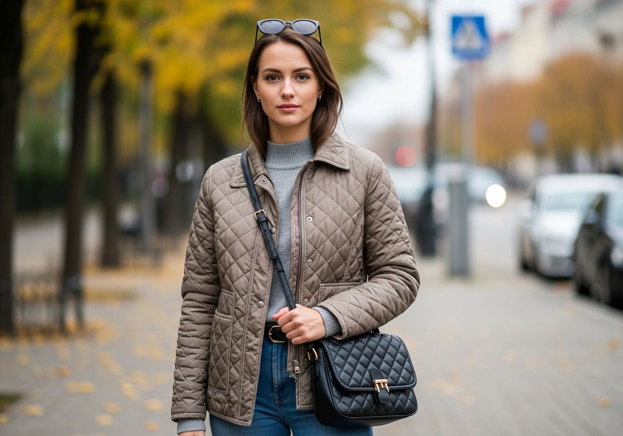 Mladá žena v městském podzimním oblečení s prošívanou bundou, rozmazané pozadí a přirozené světlo