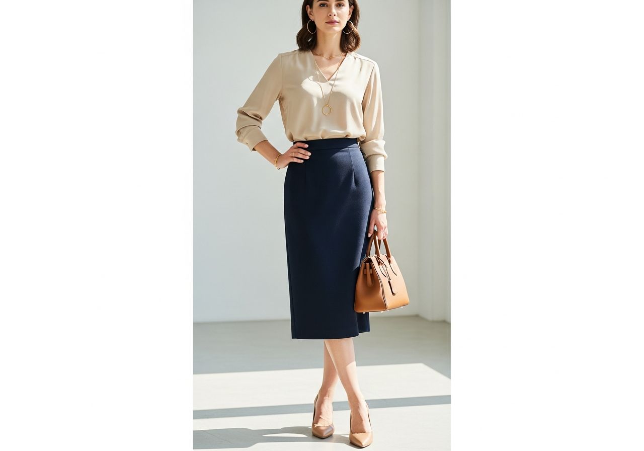 Žena v tmavě modré sukni s béžovou blůzou a zlatými šperky v moderní kanceláři