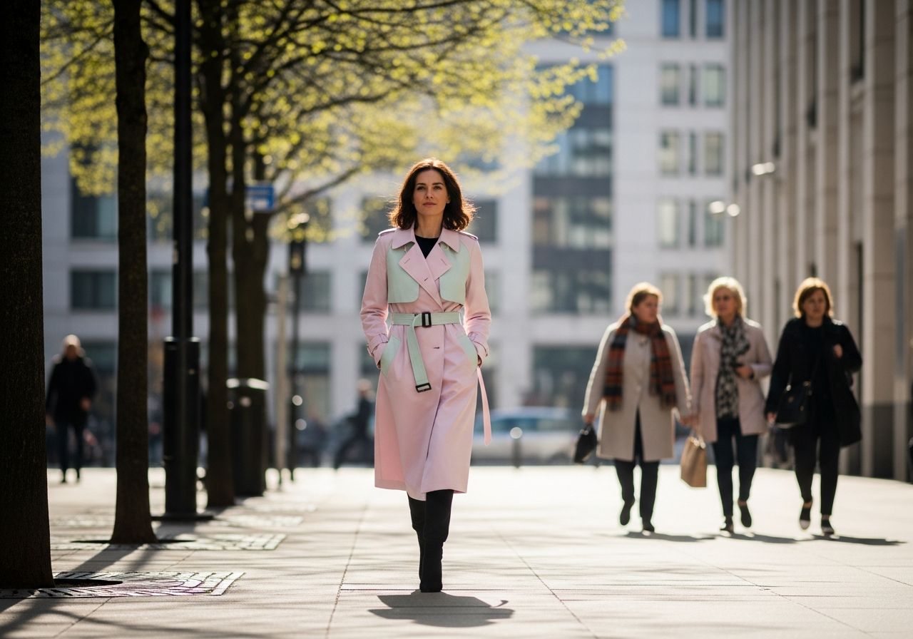 Žena v lehkém jarním trenčkotu kráčí městskou ulicí za denního světla.