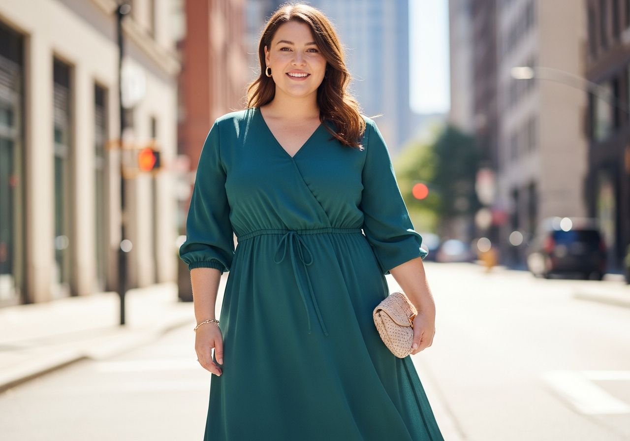 Usmívající se žena ve městě v midi šatech se zavázáním v pase, přirozené světlo, rozmazané pozadí