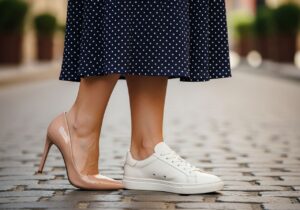 Žena v tmavě modrých šatech na kamenné ulici s jedním vysokým podpatkem a jednou bílou teniskou.