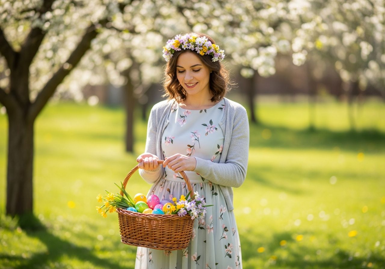 Mladá žena v jarní zahradě s košíkem malovaných velikonočních vajíček a květinovým věncem