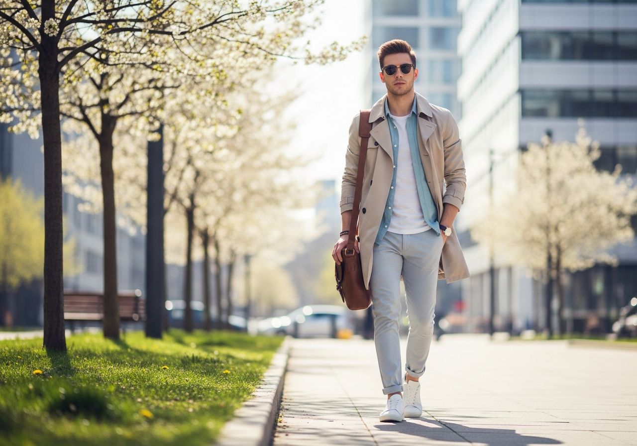 Mladý muž v béžovém kabátu s taškou kráčí městem na jaře mezi stromy a budovami.