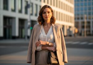 Žena v béžovém saku a bílém topu stojí na městské ulici za teplého světla západu slunce