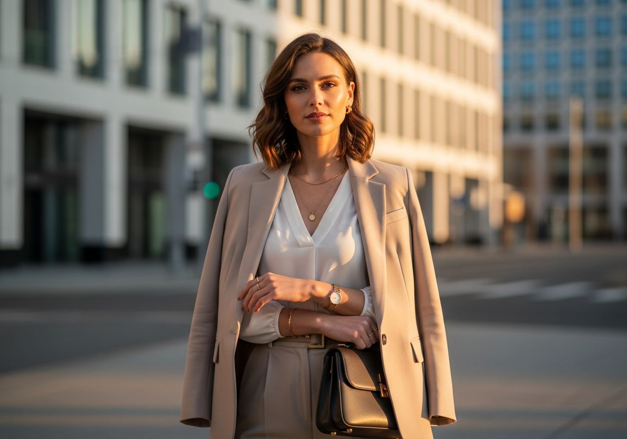 Žena v béžovém saku a bílém topu stojí na městské ulici za teplého světla západu slunce
