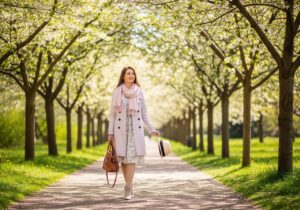 Mladá žena v jarním parku mezi kvetoucími třešněmi nese klobouk a koženou tašku.