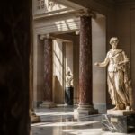 Socha řecké postavy v galerii s mramorovými sloupy a jemným přirozeným osvětlením.