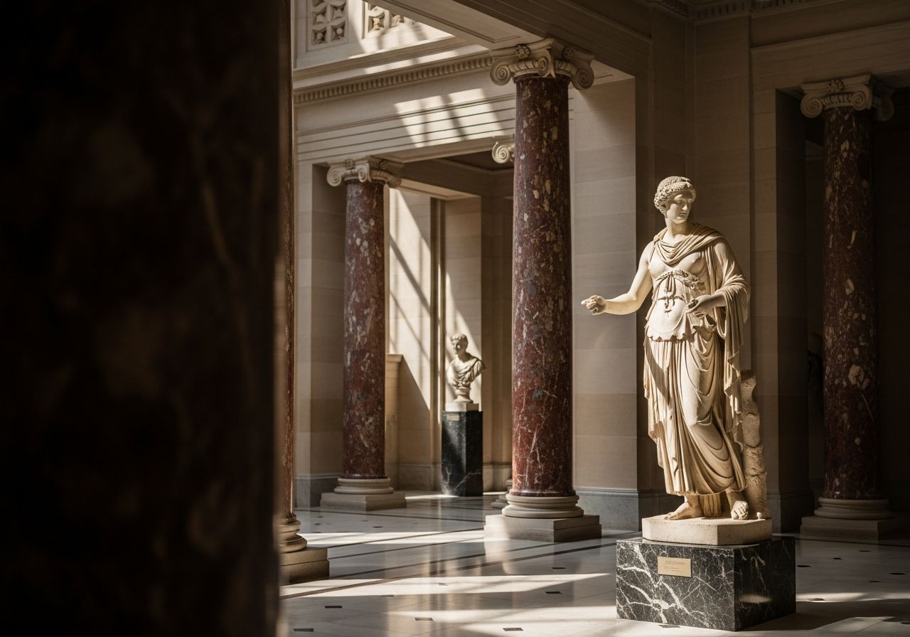 Socha řecké postavy v galerii s mramorovými sloupy a jemným přirozeným osvětlením.