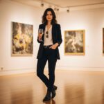Žena v černém sako a kalhotách drží sklenku vína v moderní galerii s uměním za ní.