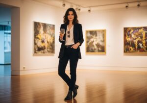 Žena v černém sako a kalhotách drží sklenku vína v moderní galerii s uměním za ní.