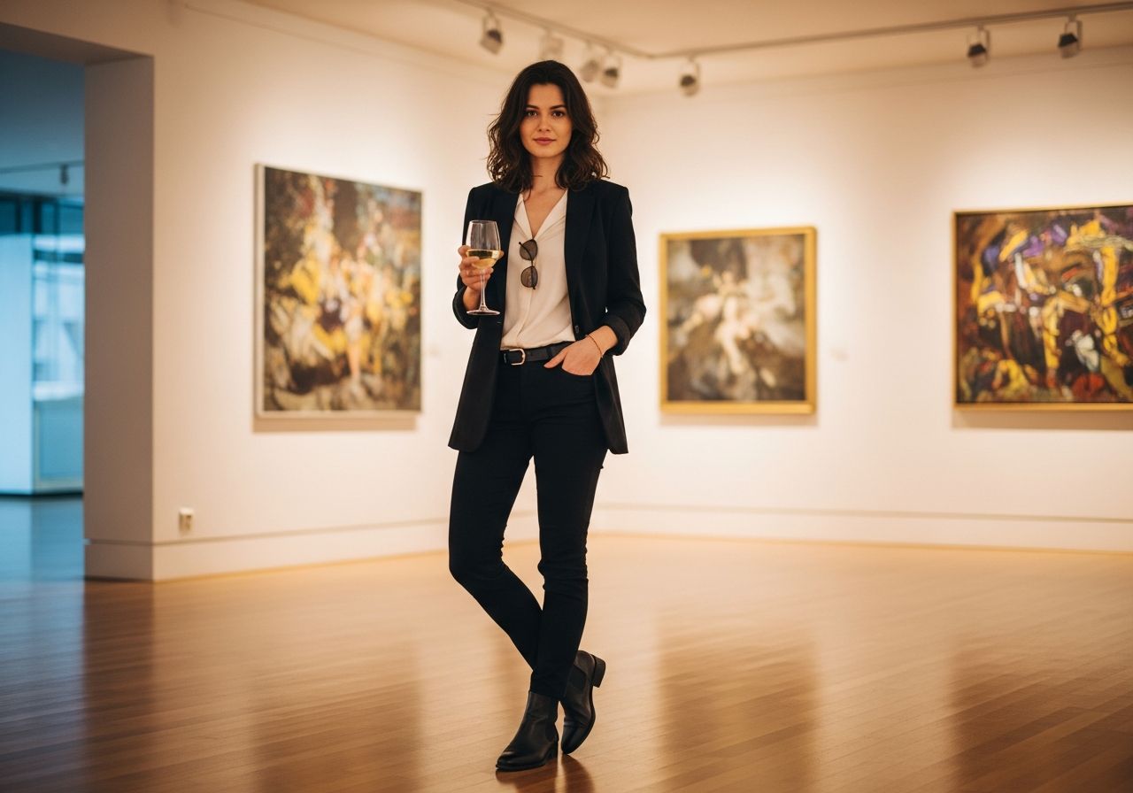 Žena v černém sako a kalhotách drží sklenku vína v moderní galerii s uměním za ní.