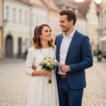 Mladý pár před civilním obřadem na náměstí v evropském městě za teplého zlatého světla