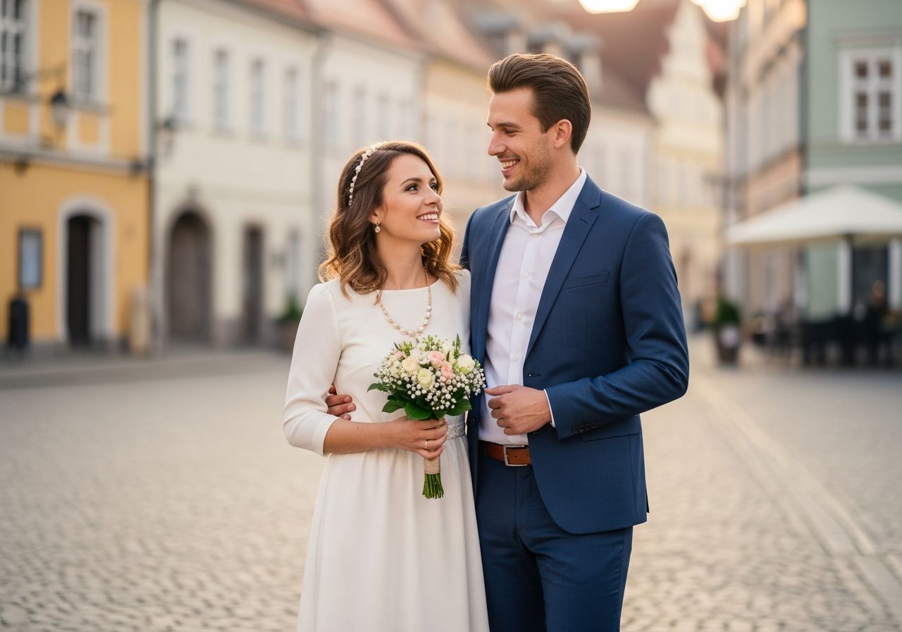 Mladý pár před civilním obřadem na náměstí v evropském městě za teplého zlatého světla