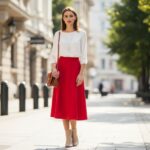 Mladá žena v červené sukni a bílé blůze stojí na městské ulici s kabelkou a zlatým náhrdelníkem.