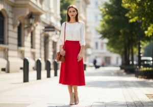 Mladá žena v červené sukni a bílé blůze stojí na městské ulici s kabelkou a zlatým náhrdelníkem.