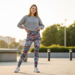 Mladá žena v barevných legínách a volném svetru stojí ve městě za zlaté hodiny