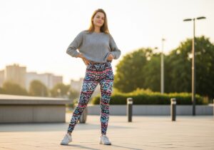 Mladá žena v barevných legínách a volném svetru stojí ve městě za zlaté hodiny