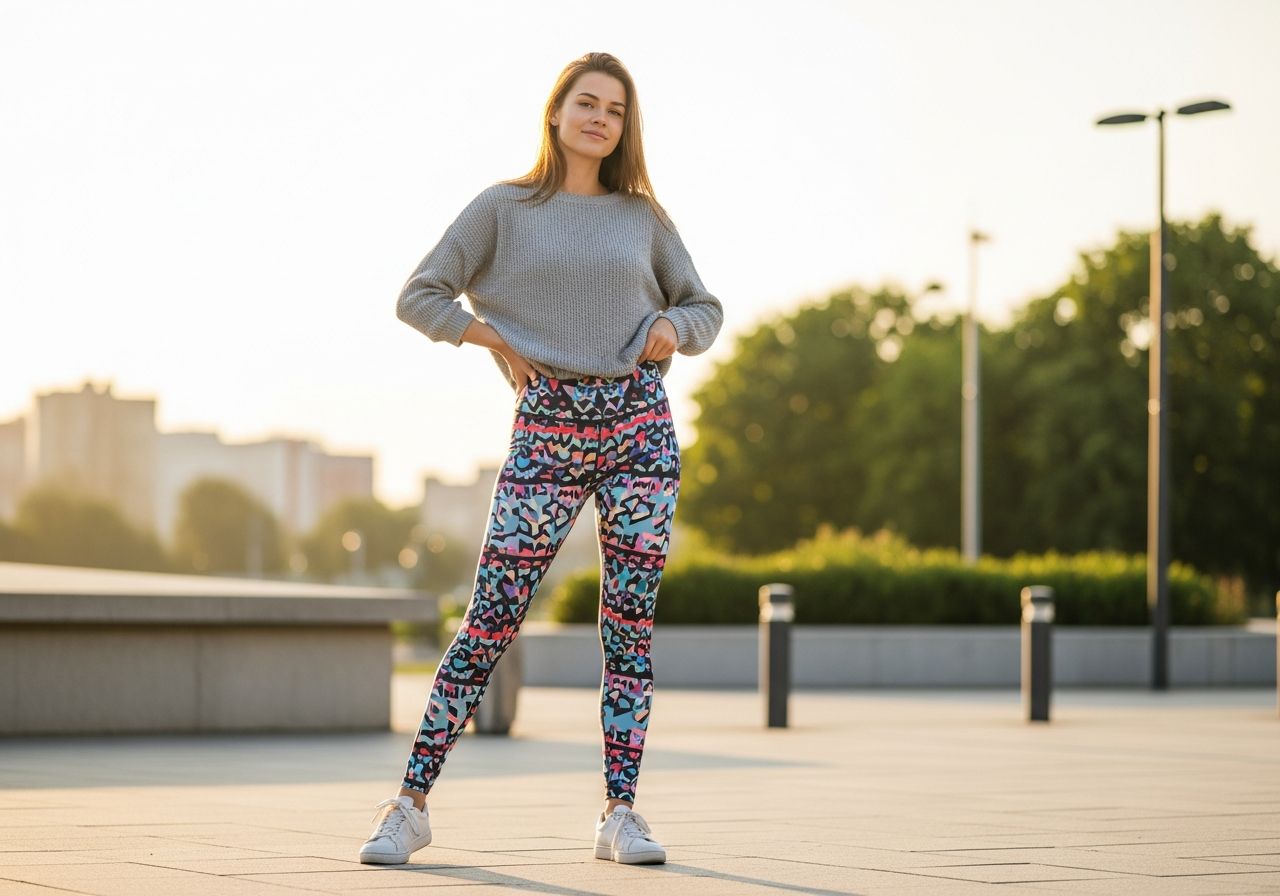 Mladá žena v barevných legínách a volném svetru stojí ve městě za zlaté hodiny