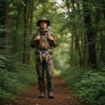 Osoba na lesní stezce v nepromokavé bundě, s batohem a kloboukem v přírodě za denního světla