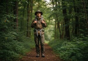 Osoba na lesní stezce v nepromokavé bundě, s batohem a kloboukem v přírodě za denního světla