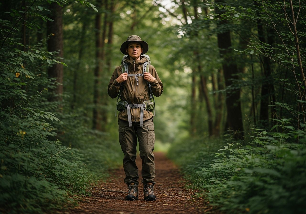 Osoba na lesní stezce v nepromokavé bundě, s batohem a kloboukem v přírodě za denního světla