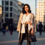 Mladá žena v kožených legínách a béžovém trenčkotu stojí ve městě během zlaté hodiny.