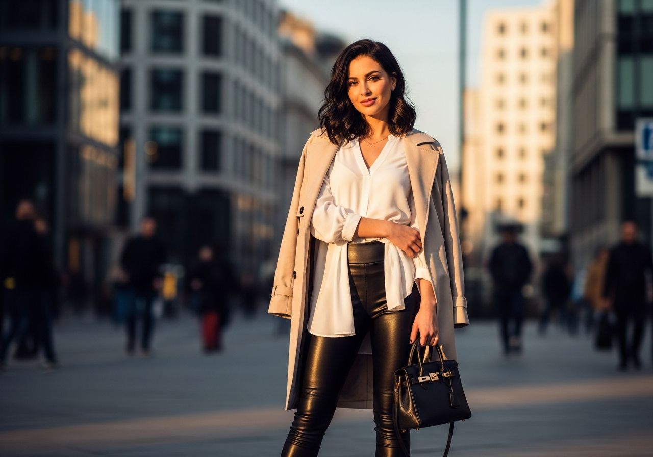 Mladá žena v kožených legínách a béžovém trenčkotu stojí ve městě během zlaté hodiny.