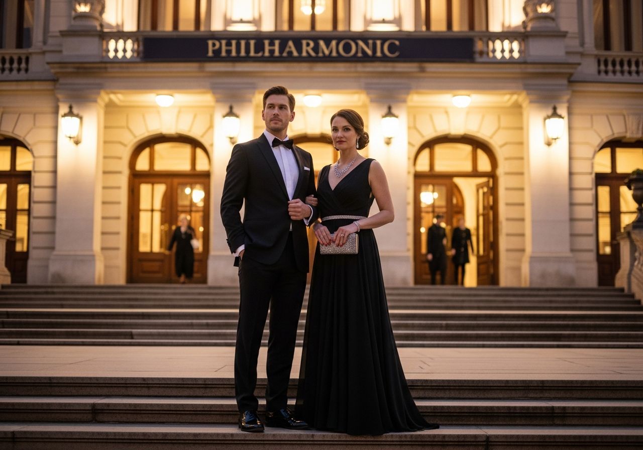 Elegantní pár v večerním oblečení před filharmonií večer, vhodné pro průvodce etikou a dress codem
