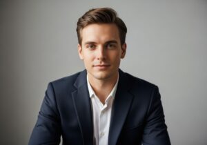 Mladý profesionál v tmavém saku sedí před neutrálním pozadím, pohled zaměřený do kamery