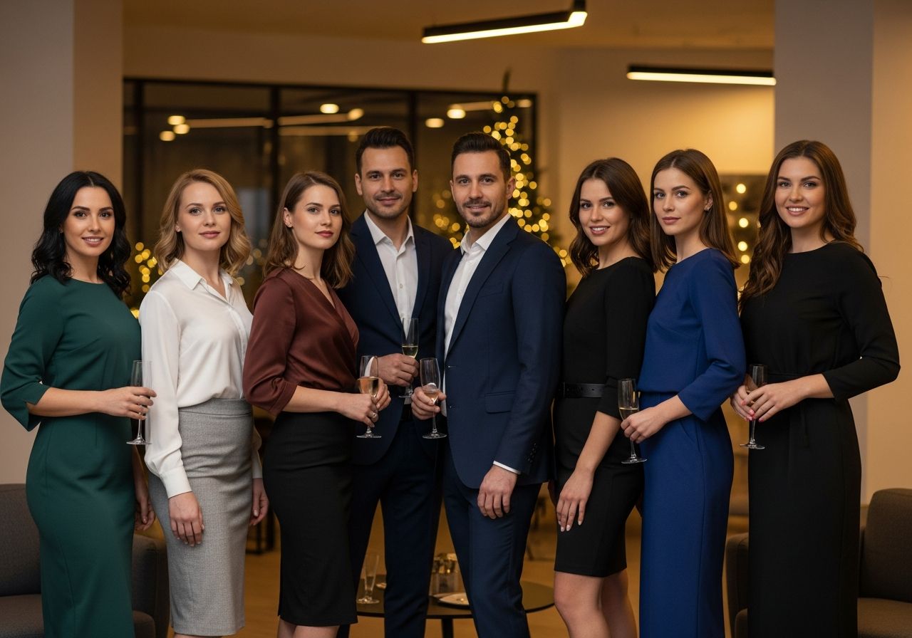 Skupina rozmanitých kolegů na firemní oslavě v moderní kanceláři s lehkým vánočním zdobením.