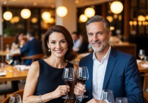 Elegantní středního věku pár při oslavě narozenin v restauraci s vínem a úsměvy