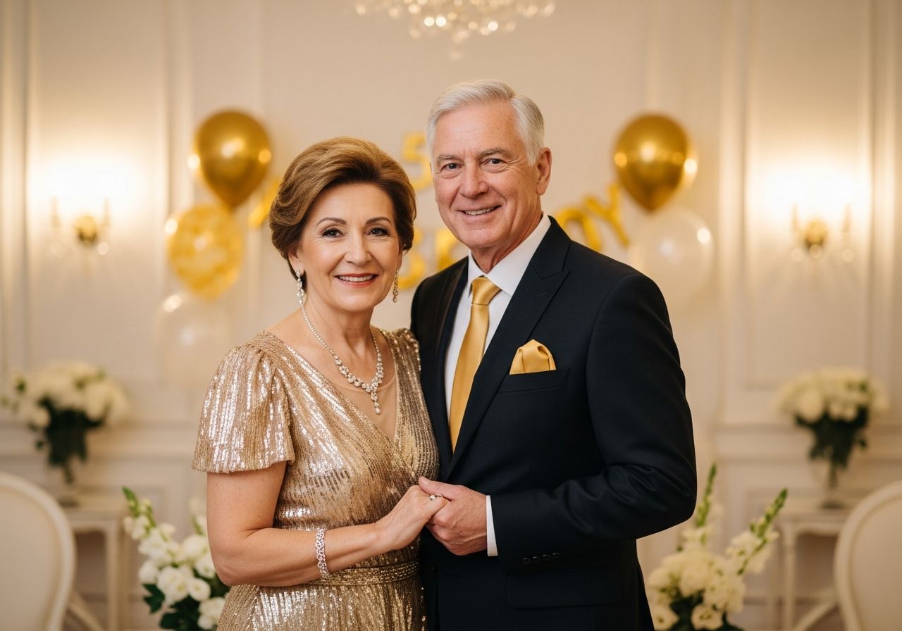 Muž a žena slaví 50. výročí svatby, drží se za ruce v elegantním oblečení v ozdobené místnosti.