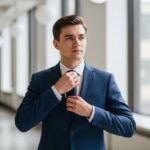 Mladý muž upravuje kravatu v kanceláři s moderním interiérem před důležitou událostí.