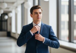 Mladý muž upravuje kravatu v kanceláři s moderním interiérem před důležitou událostí.