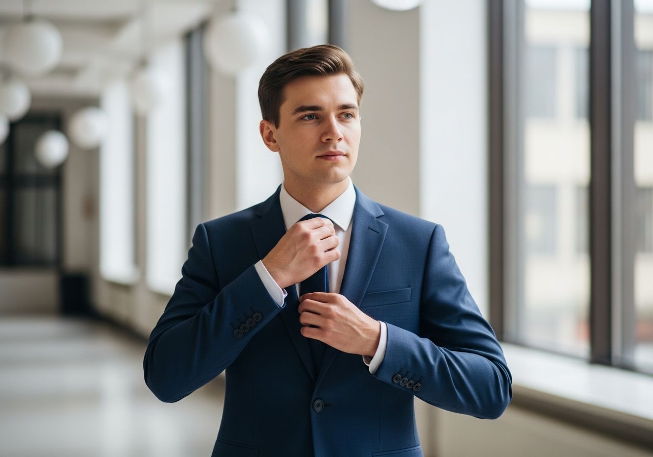 Mladý muž upravuje kravatu v kanceláři s moderním interiérem před důležitou událostí.