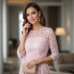 Žena v jemných růžových krajkových šatech s perlovými náušnicemi držící nude kabelku.