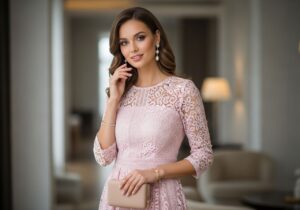 Žena v jemných růžových krajkových šatech s perlovými náušnicemi držící nude kabelku.