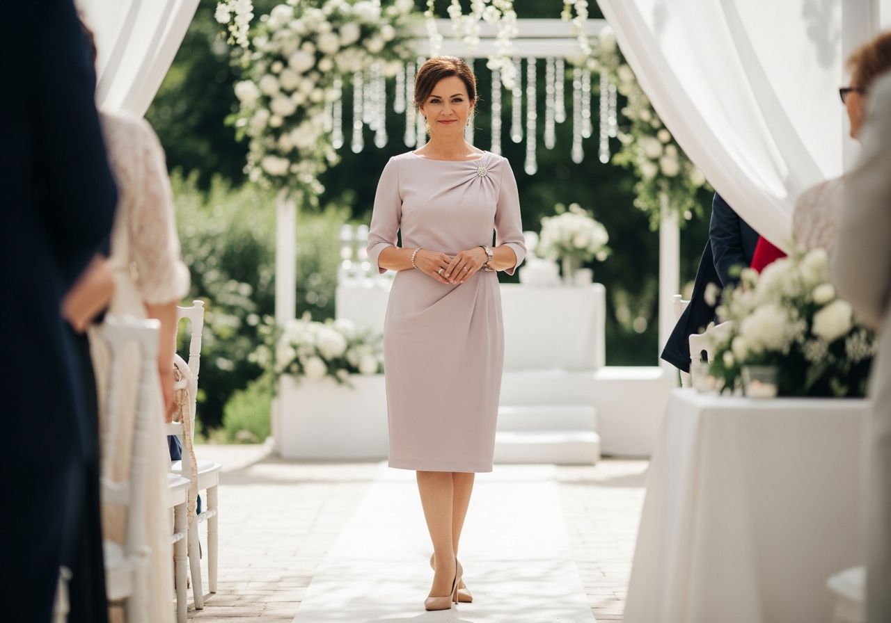 Elegantní žena ve středním věku na svatbě v zahradě, oblečená v pastelových šatech a nude lodičkách