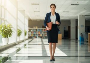 Mladá profesionálka v univerzitní hale drží portfolio a tašku na notebook, v tmavém oblečení.