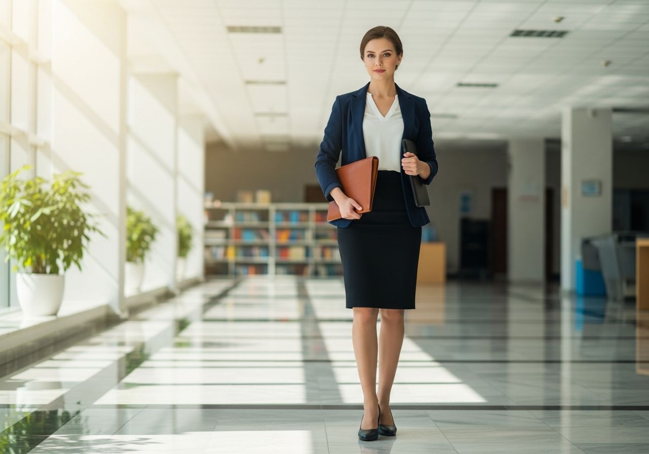 Mladá profesionálka v univerzitní hale drží portfolio a tašku na notebook, v tmavém oblečení.