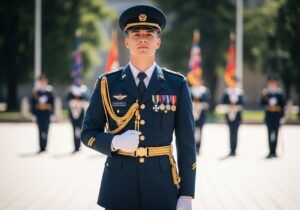 Mladý muž v uniformě s medailemi stojí venku při ceremoniálu, pozadí s vlajkami a vojáky rozostřené.
