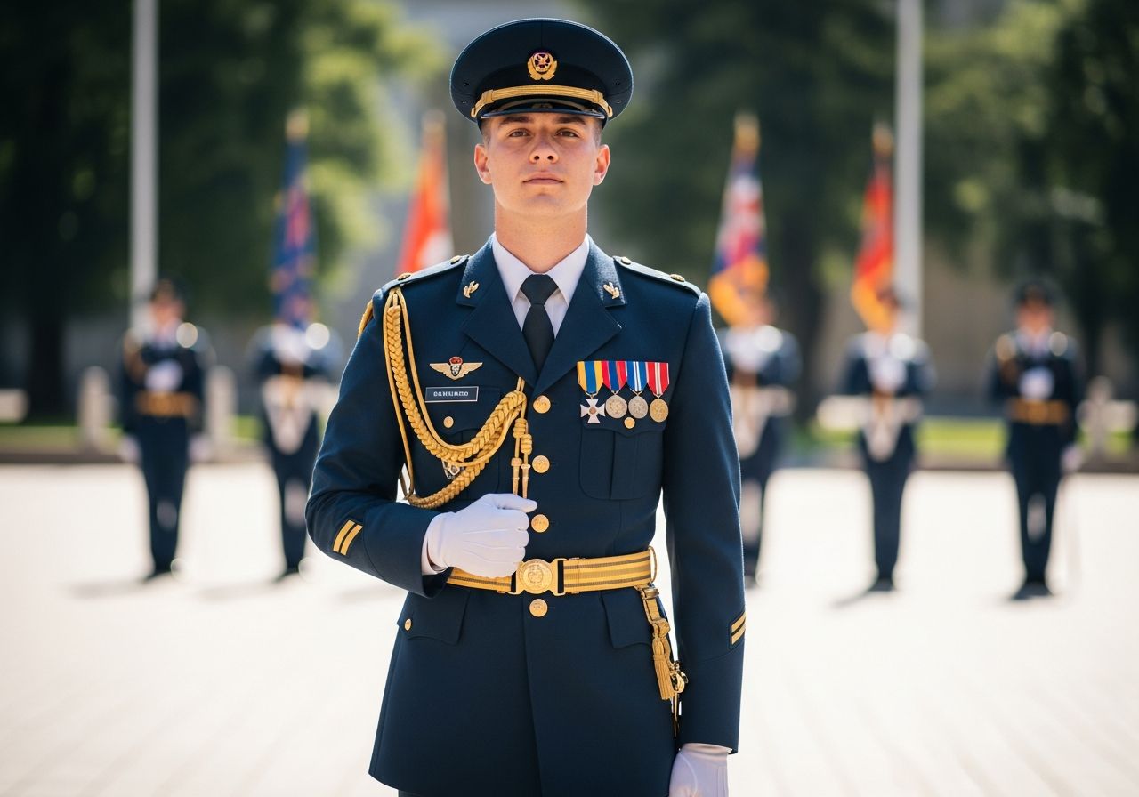 Mladý muž v uniformě s medailemi stojí venku při ceremoniálu, pozadí s vlajkami a vojáky rozostřené.