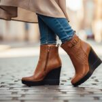 Žena v módních klínových botách na dlážděné ulici s rozmazaným městským pozadím.